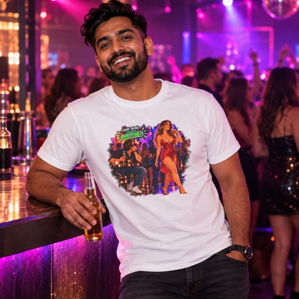 Man wearing the Yank Bank Updated T-Shirt – Night Club